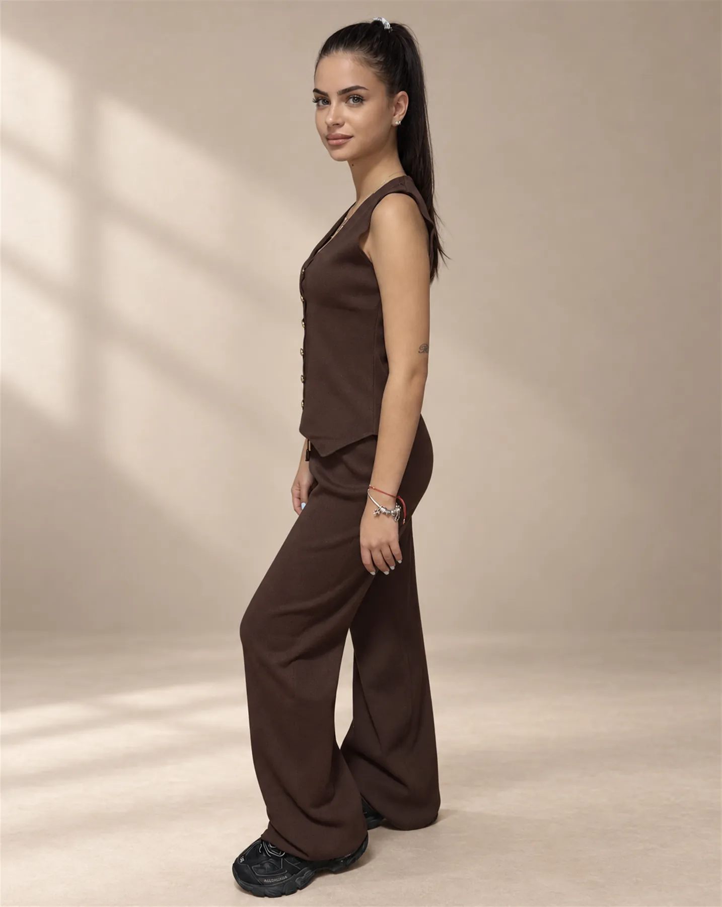 The Button Vest Set in Brown, Three-quarter