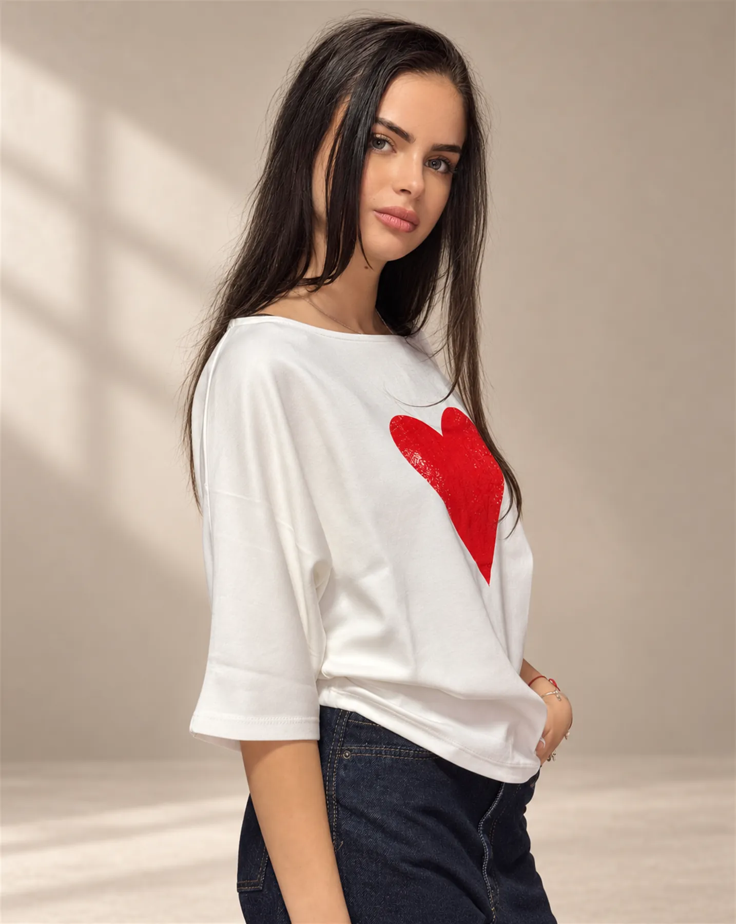 The Heart Tee in White, Three-quarter