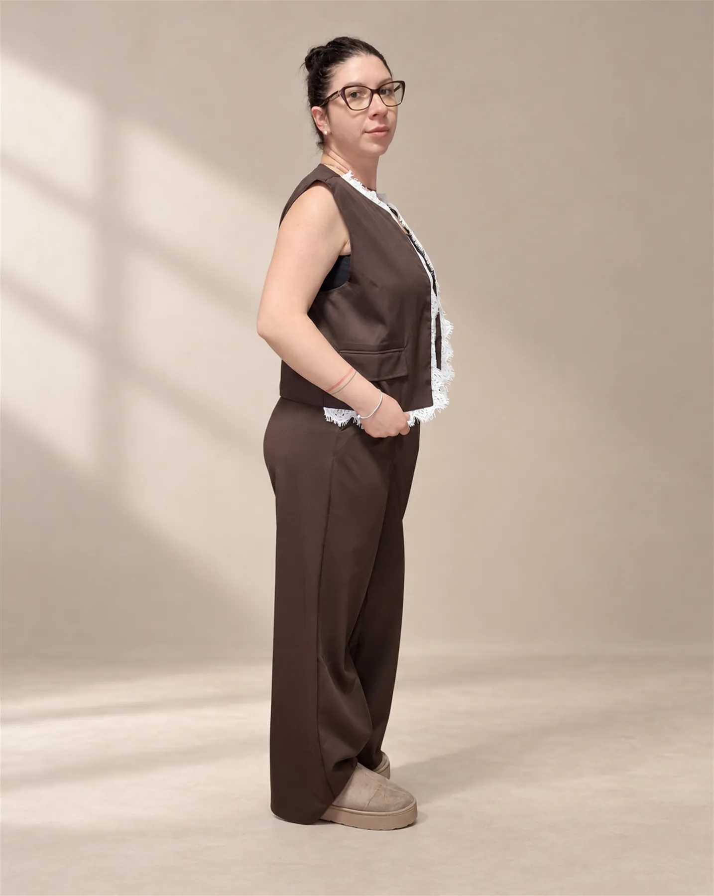 The Lace-Trim Vest Set in Brown, Three-quarter