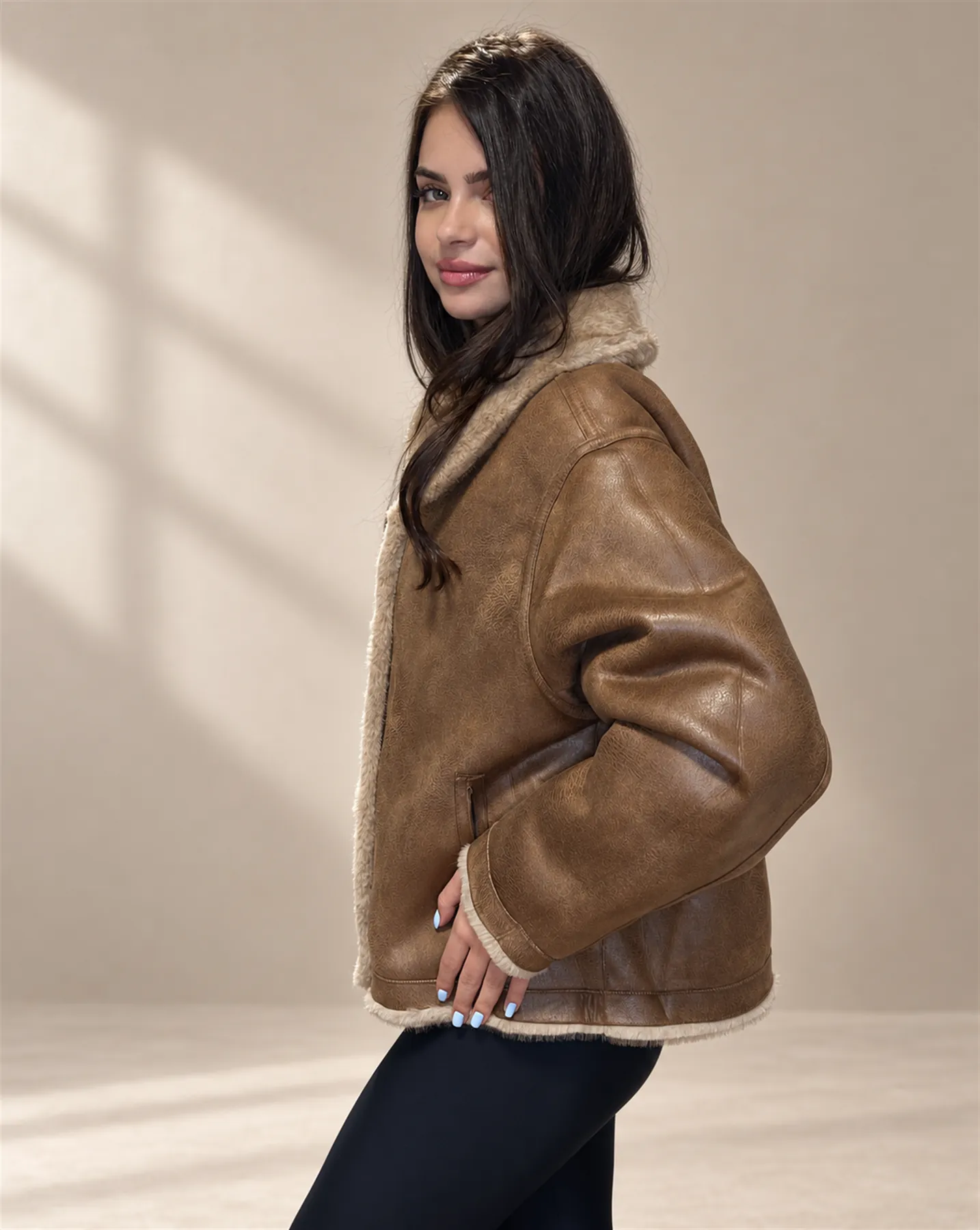 The Reversible Shearling in Suede side, Over the shoulder