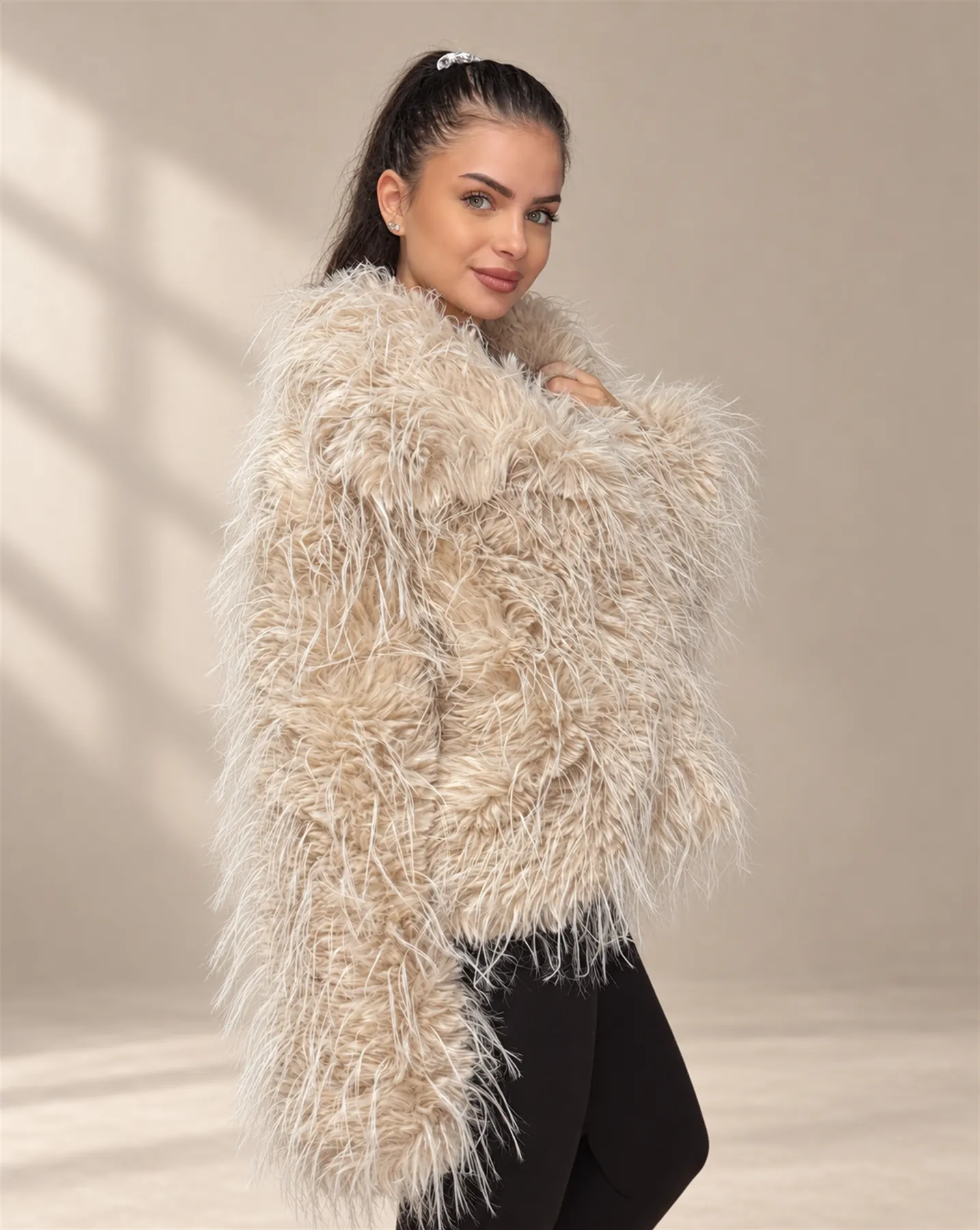 The Shaggy Coat in Ecru, Three-quarter
